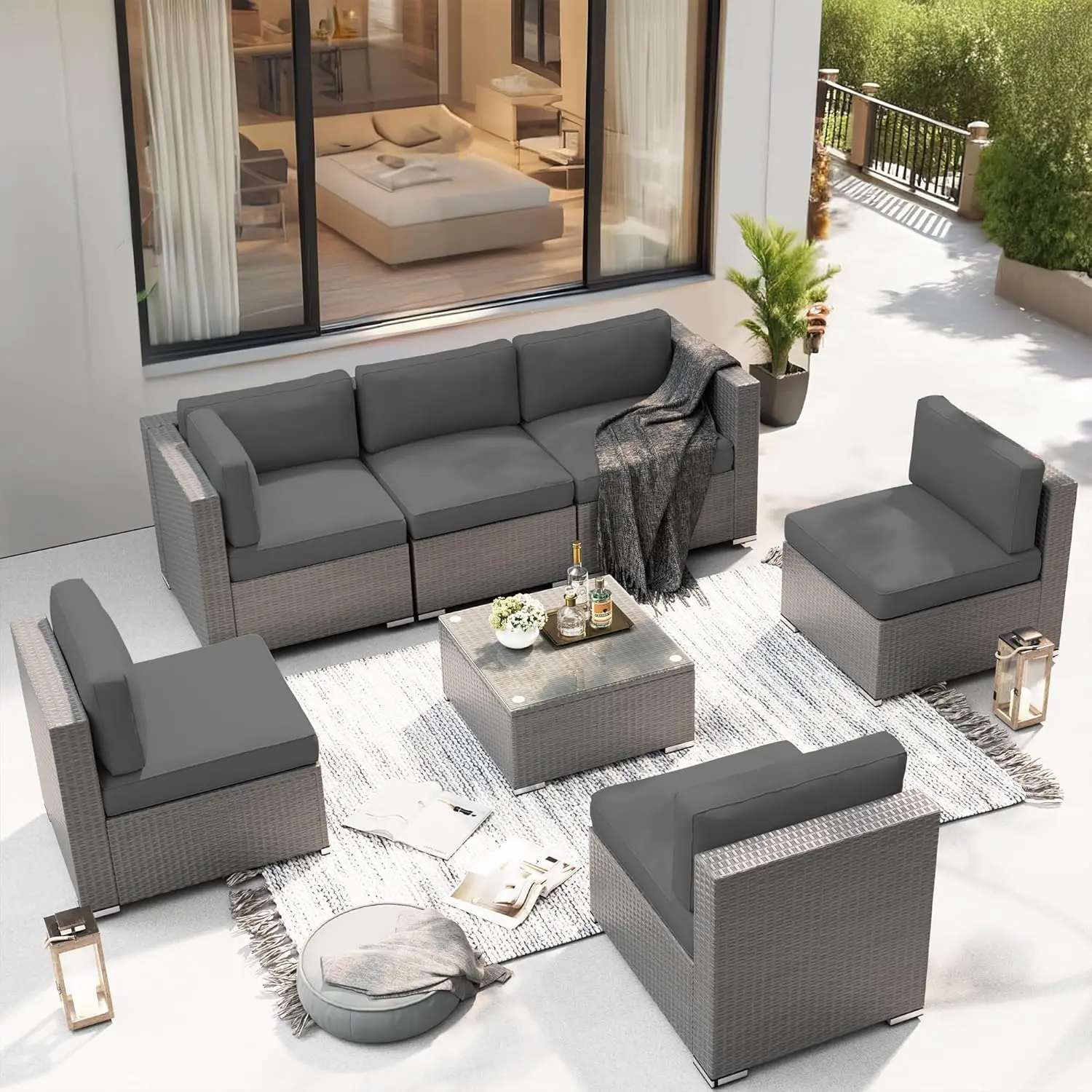 

Outdoor Patio Furniture Set 7 Piece Outdoor Sectional Sofa Grey Wicker Conversation Sofa Set with Coffee Table and Cushions