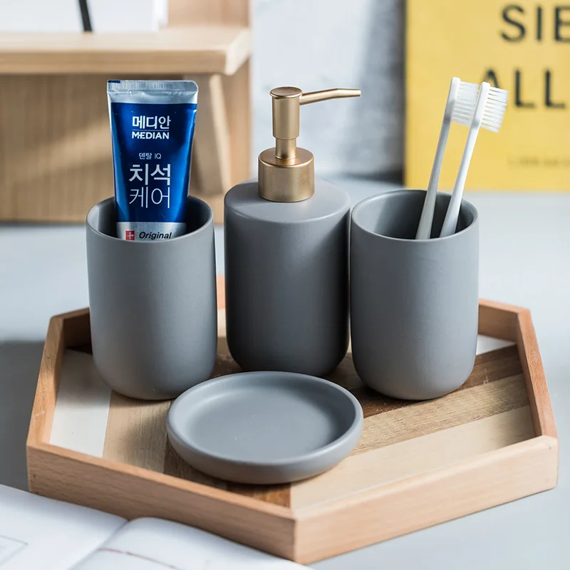 

Bathroom Ceramic Solid Color Toiletries Set Bathroom Supplies Bathroom Accessories Lotion Bottle Mouthwash Cup Soap Storage Dish