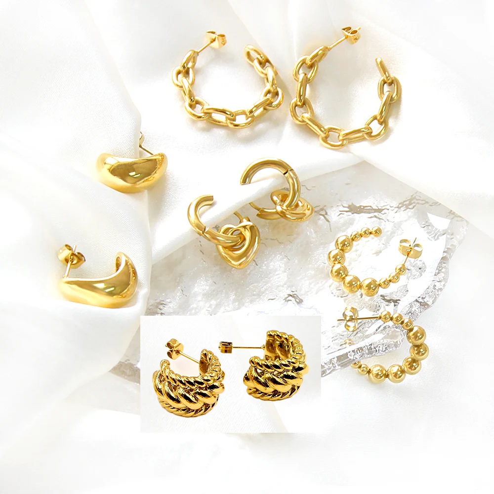 LUXUSTEEL Stylish C Shaped Women Hoop Earrings Golden Plated Stainless Steel Beads Square Rolo Dangle Ear Jewelry Gift for Her