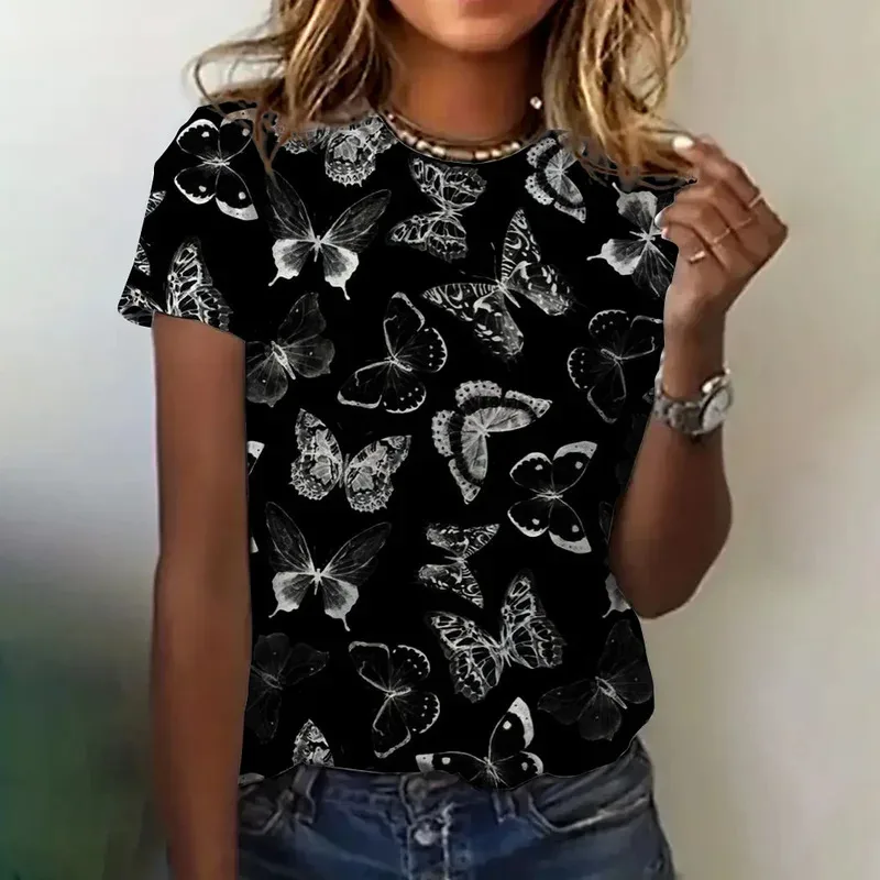 

Summer New T-shirt Women's Clothing Casual Short Sleeve Butterfly Pattern Round Neck Elegant Blouse Women's Y2K Streetwear