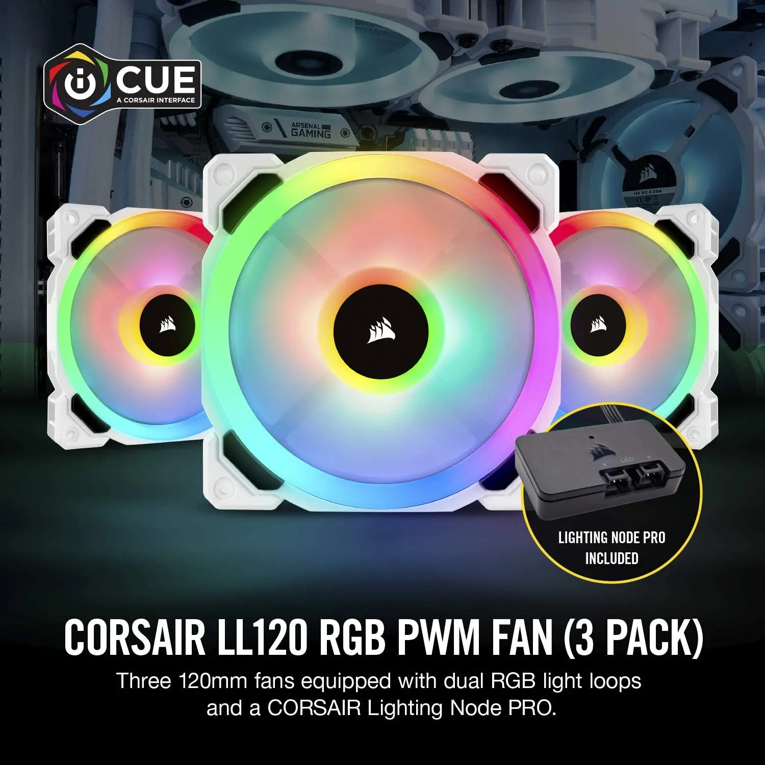 Corsair LL Series LL120 RGB 120mm RGB LED Fan Triple Pack with Lighting Node PRO- White Lighting Node PRO Included