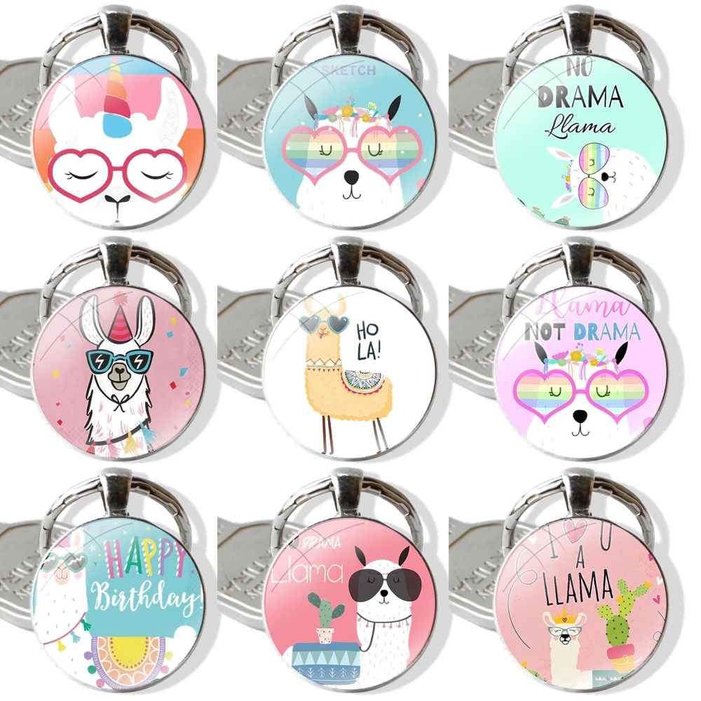 Llama Alpaca Animal Face In Rainbow Glassess Fluffy Hair 25mm Glass Cabohcon Keychain Key Rings for Women Men Jewelry Gift