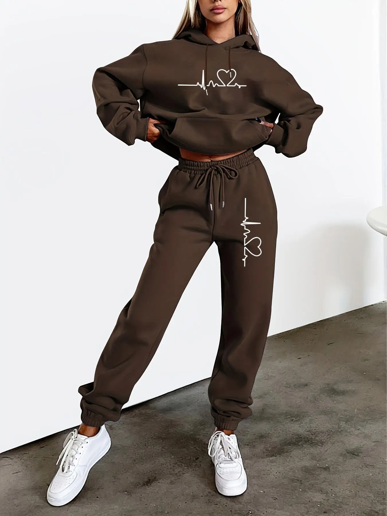 Women Heartbeat ECG Print 2Pcs Tracksuit, Hoodie & Joggers. Minimalist casual sweat set