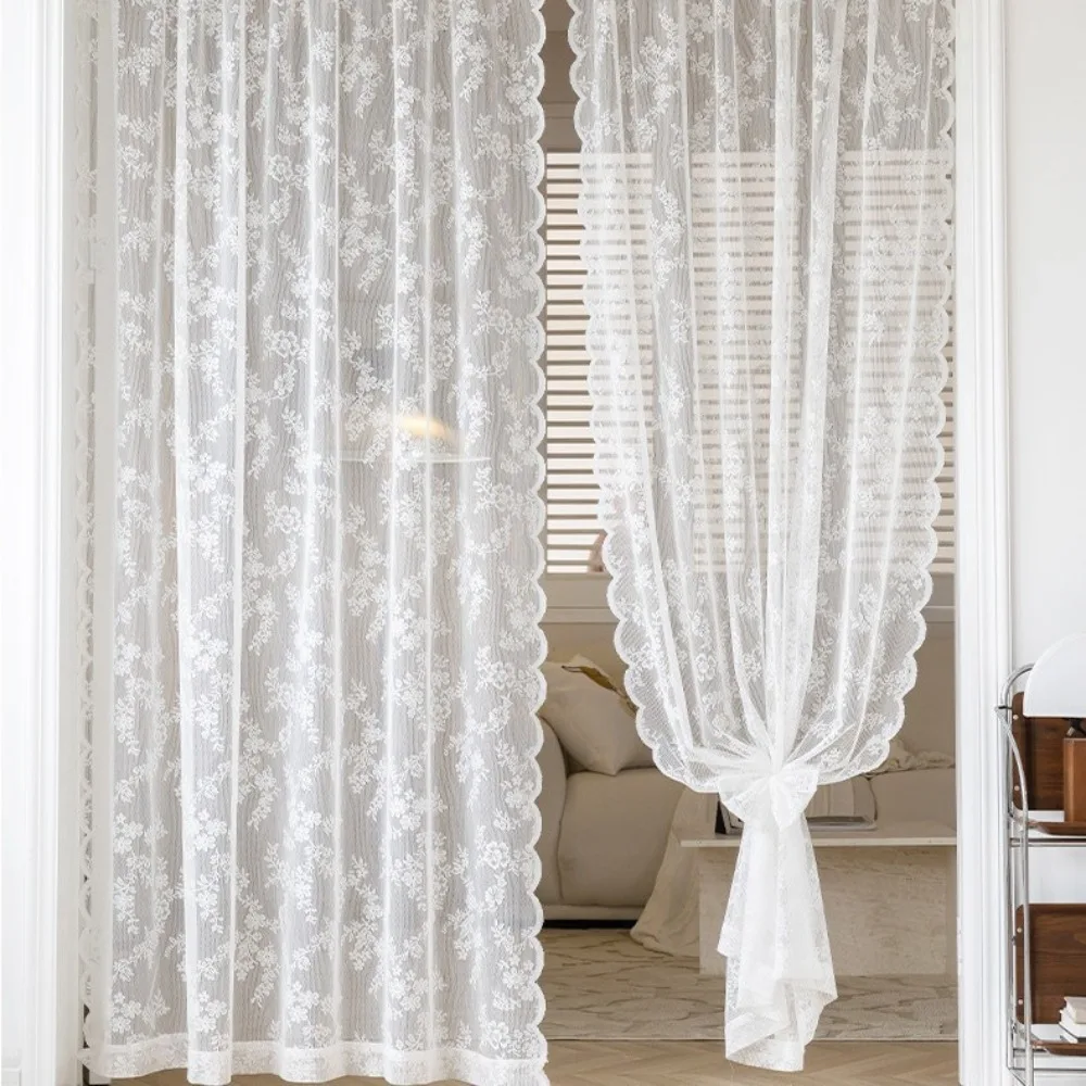 

Home Decoration Embroidery Floral Lace Curtain Transparent Breathable Sheer Curtain Wavy Edge Door Curtain Living Room