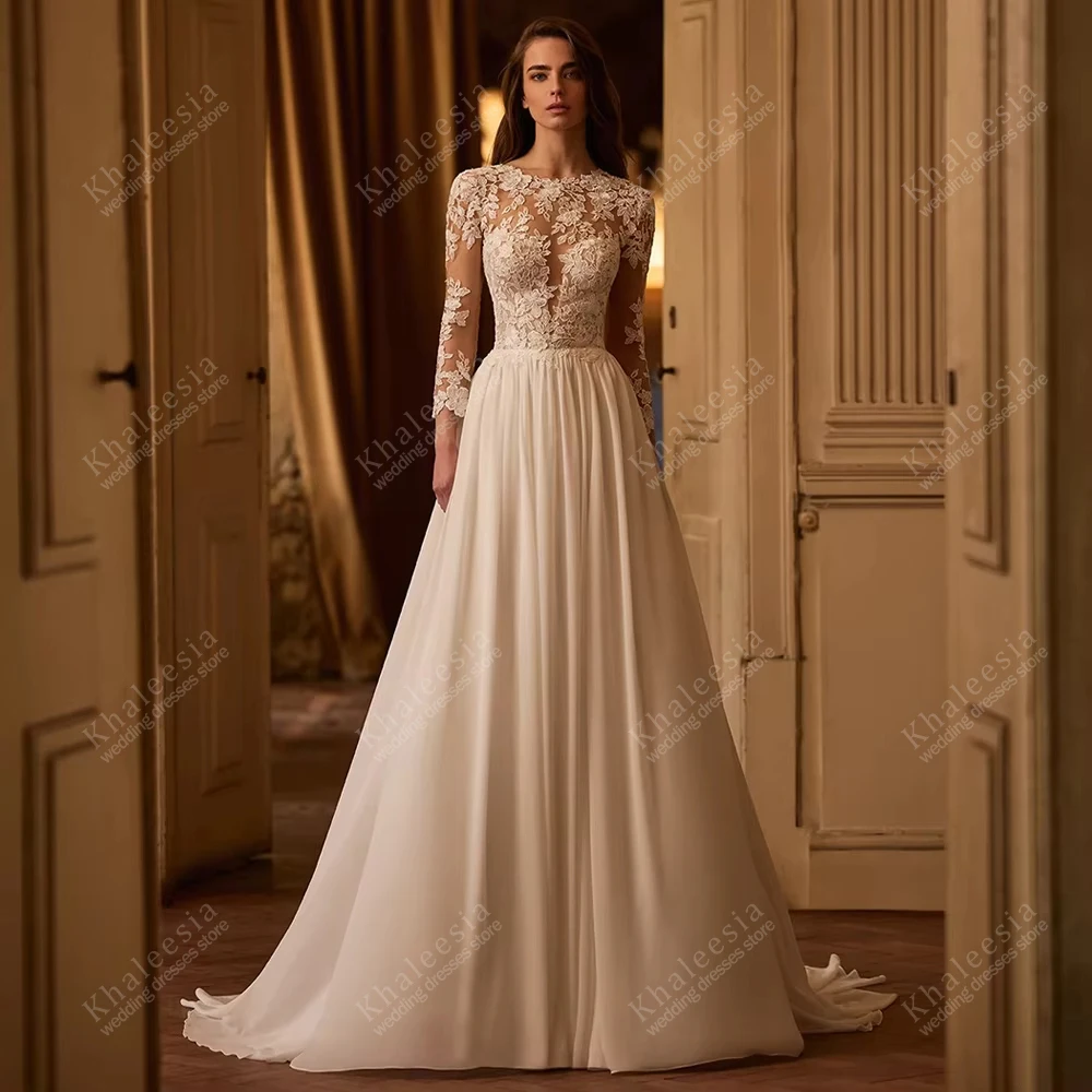 

Classic Wedding Dresses A Line Chiffon Bridal Gowns Lace Appliques O Neck Full Sleeves Robes Vestidos De Novia Customized 2026
