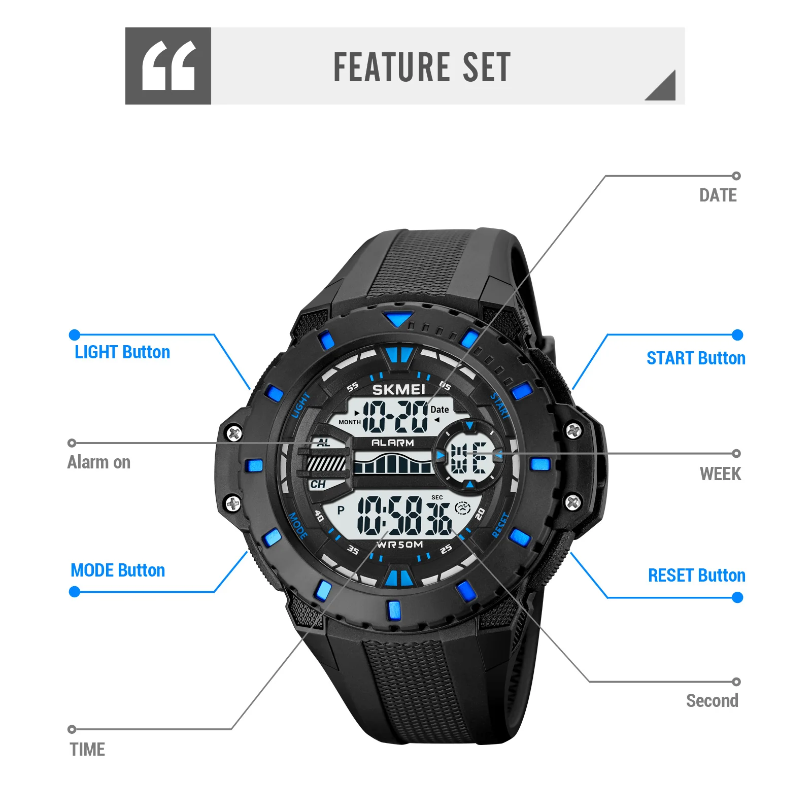 SKMEI-Reloj deportivo Digital japonés para Hombre, cronógrafo resistente al agua, con luz trasera multifunción, alarma, 5Bar