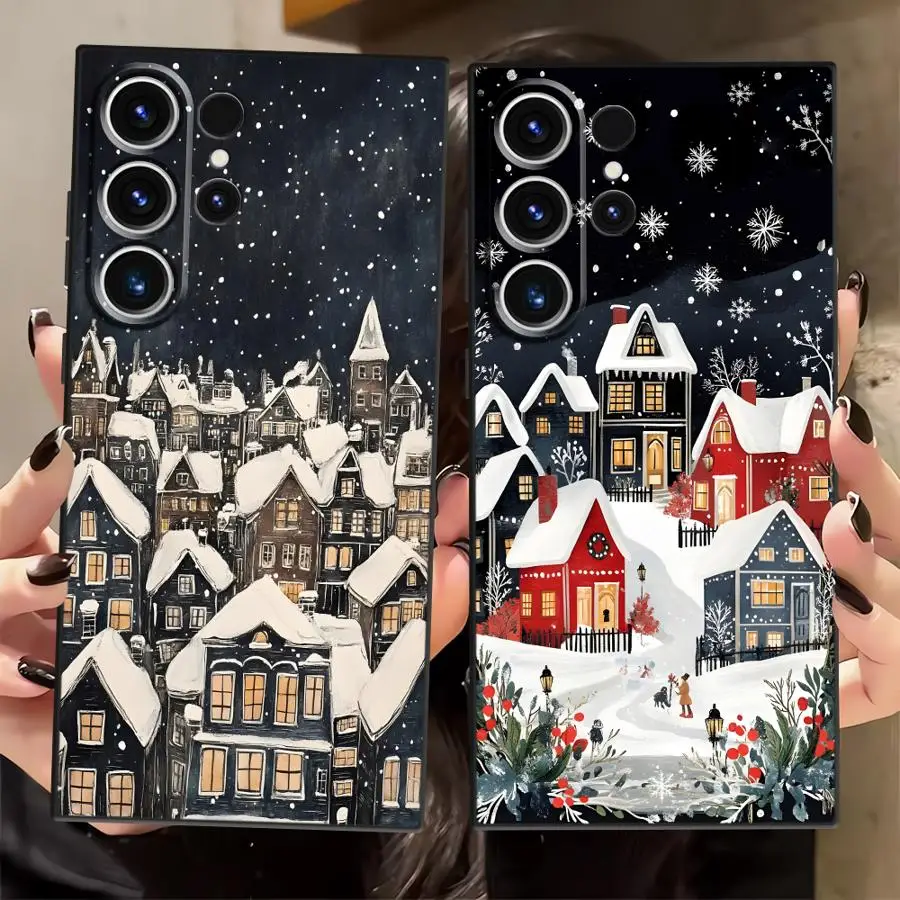 حافظة لهاتف سامسونج جالاكسي S21 FE S23 Ultra S25 Edge S20 S24 Plus غطاء هاتف ناعم أسود لأيام عيد الميلاد الثلجية