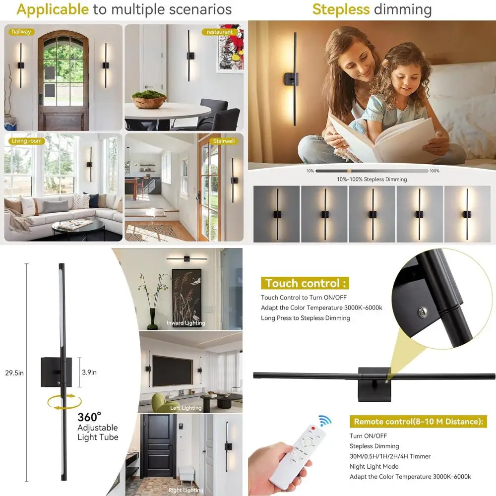 

Set of 2 Rechargeable Battery-Powered Wall Sconces, Remote-Controlled, Dimmable 3000K-6500K, 360° Rotating Wireless Lights for H