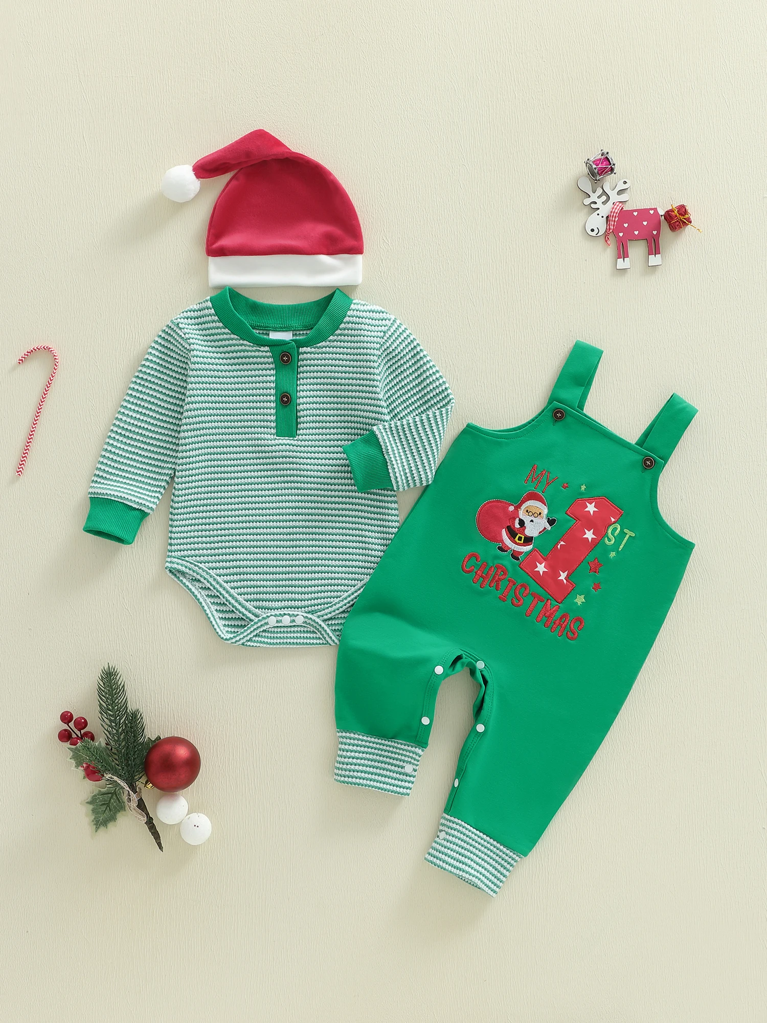 Adorable Christmas Kids 3 Piece Set with Festive Long Sleeve Striped Jumpsuit Santa Letter Print Overalls and Matching Hat