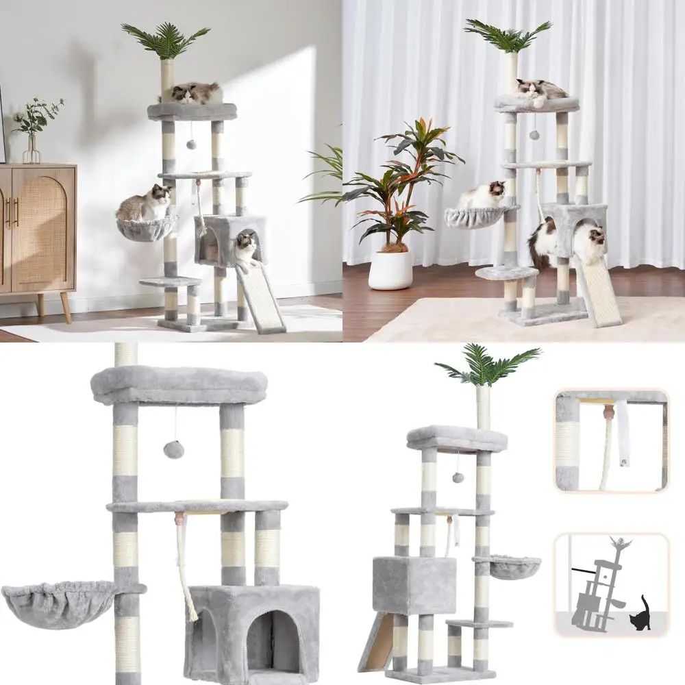 

65.4 Indoor Cat Tower with Multiple Levels, Perches, Basket, Feeding Station & Scratching Posts, Light Gray