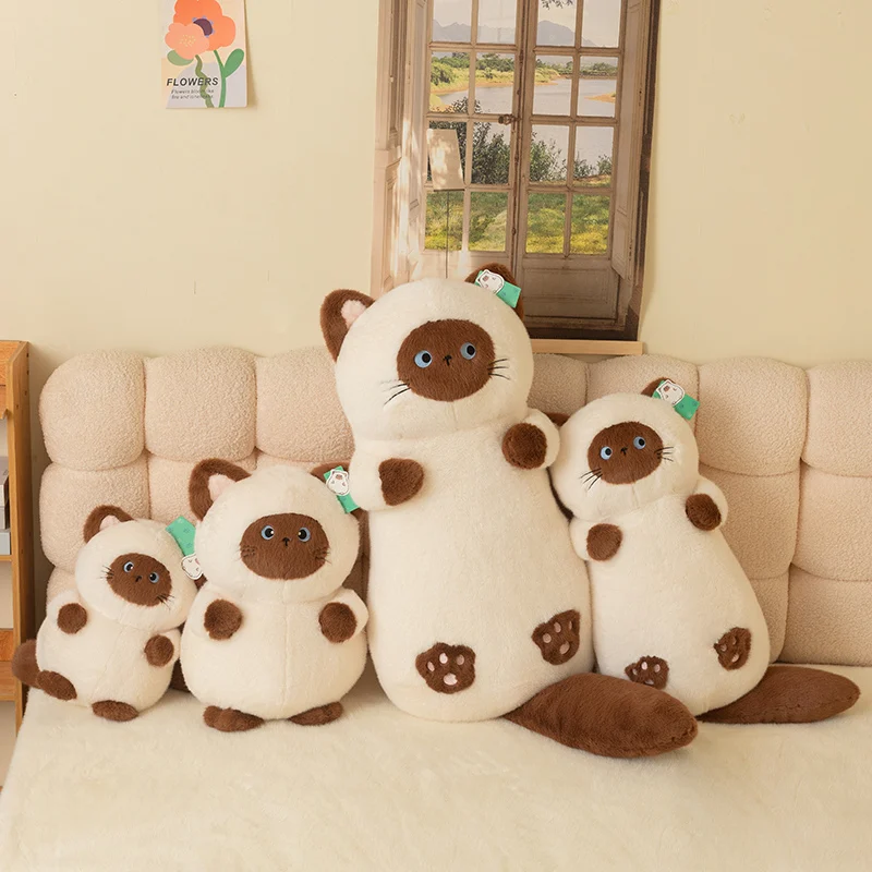 Cute Cat Plush Toy Stuffed Animal Simulation Siamese Kitten Plushies Doll Cartoon Soft Kids Toys Baby Sleeping Pillow Girls Gift
