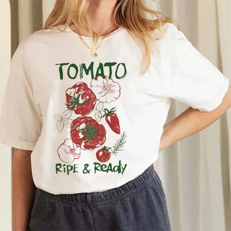 Cartoon Trendy T-Shirt 90s Style Women's Printed Red Tomato Pattern Fashion Clothing Women's Short Sleeved Casual Summer T-Shirt