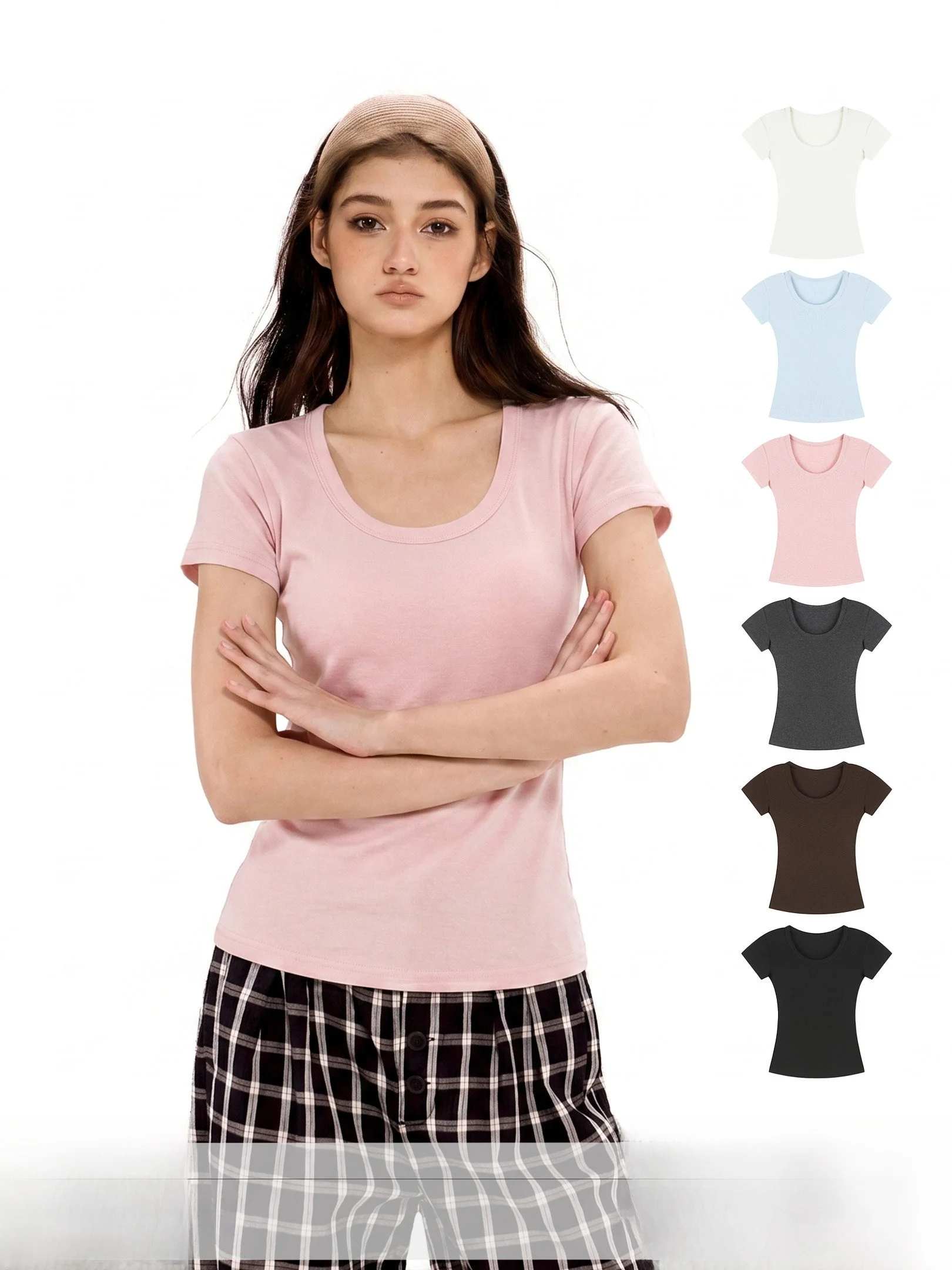 

Slim Fit Short Sleeve T-Shirt Women's Summer New Style American Hot Girl Shoulder Base Top ICH MODE Casual Style Printed Pure...