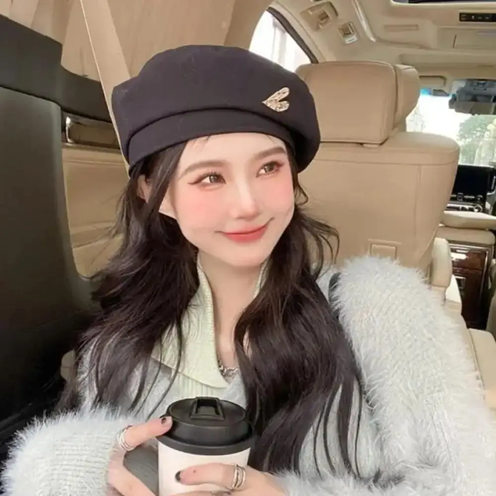 Comfortable Heart Love Beret Thick Keep Warm Painter Hat Korean Style Lolita Octagonal Cap Street