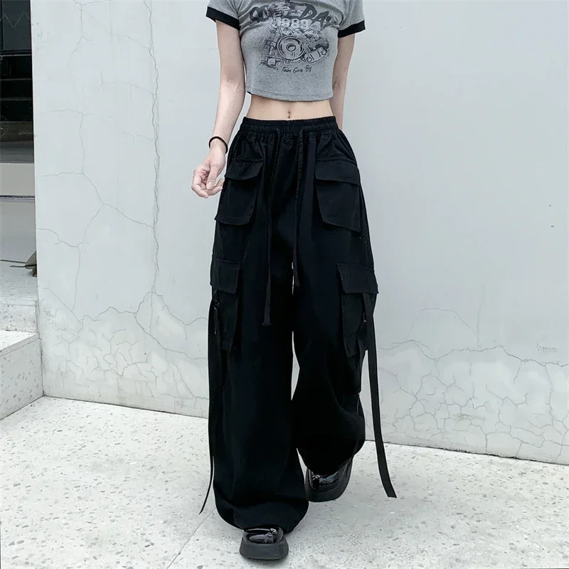 High Quality 2025 Cotton High Street Cargo Pants for Women Men with Ribbon High Waist Wide Leg Hip-hop Cool Dances Pants Ladies