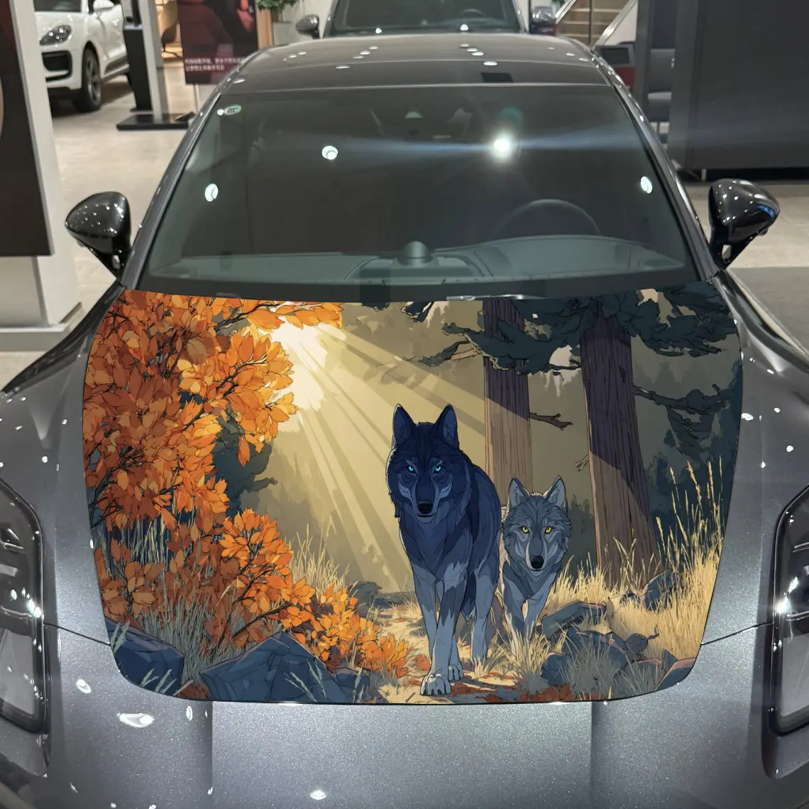 

Autumn Wolf Pack Adventure Natural PVC Car Hood Wraps, Self-Adhesive Waterproof Car Bonnet Decal Sticker, Car Decoration Protect