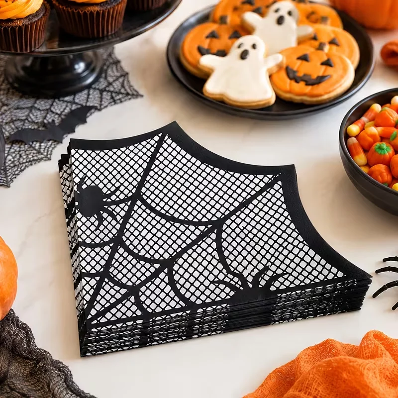 20-pack napkins, spiderweb-patterned tissues, irregular spiderweb-shaped napkins, spooky Halloween table setup