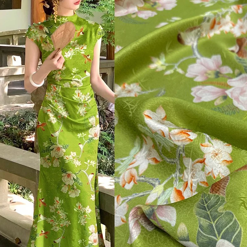floral-birds-printed-jacquard-green-silk-fabric-for-spring-summer-dress-pants-pajamas-heavy-silk-fabric-for-diy-sewing-r3007