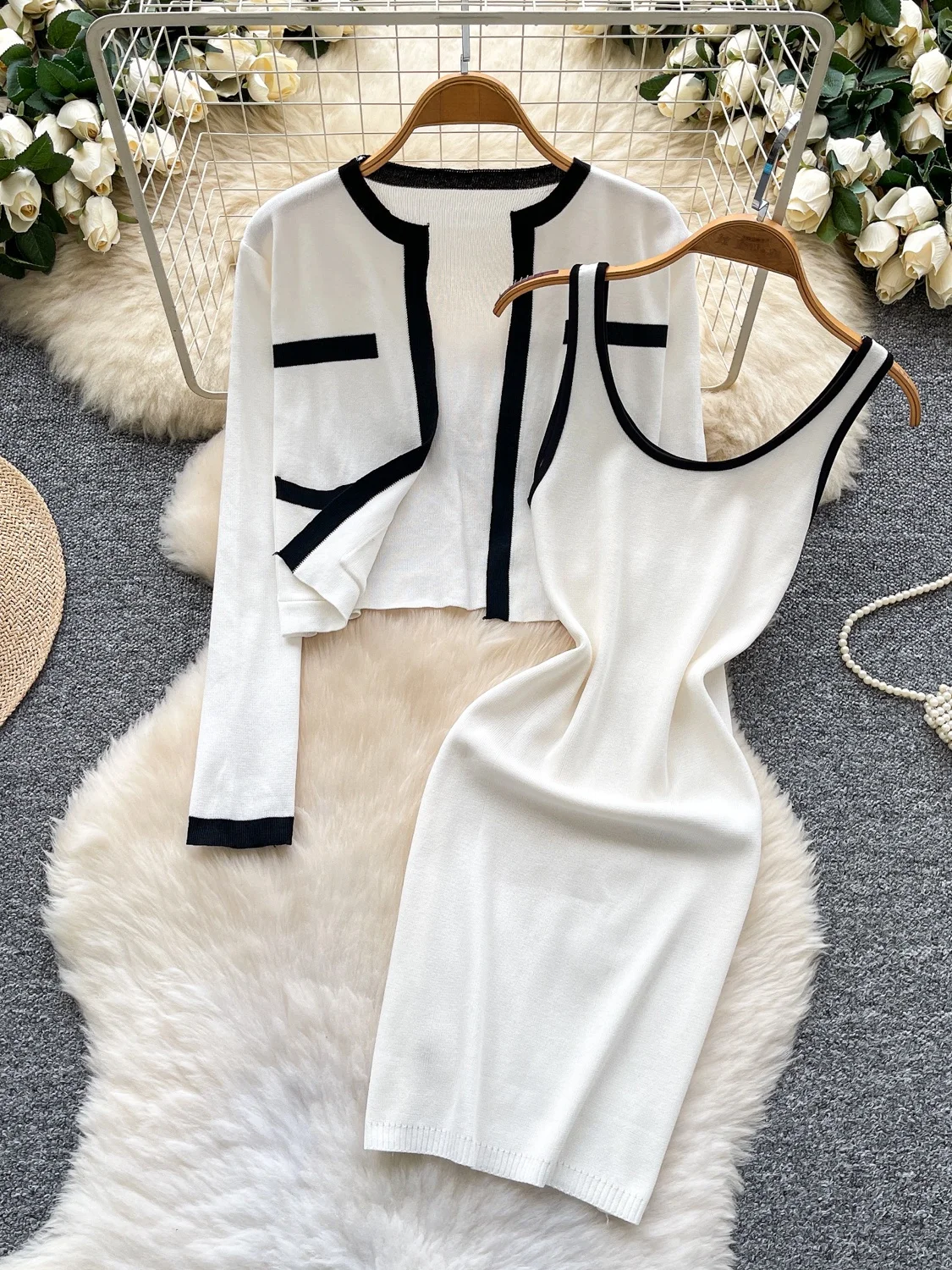 벨트가 있는 니트 롱 스웨터 오픈 가디건 아우터웨어, 하이 웨이스트 스트랩, 드레스 패션 컬러 블록 여성 세트