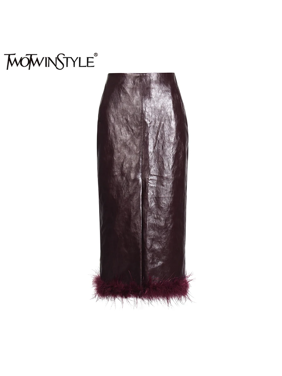 

TWOTWINSTYLE Solid PU Leather Spliced Pockets Skirt For Women High Waist Patchwork Feathers Bocycon Chic Long Skirts Female New