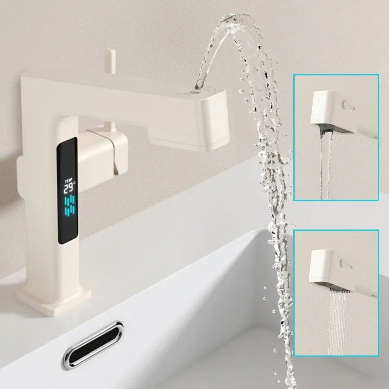 Smart Bathroom Faucet LEDTemperature Display Pull Out Sprayer Head Sink and Basin Faucets Suitable for Washing Hair and Gargling