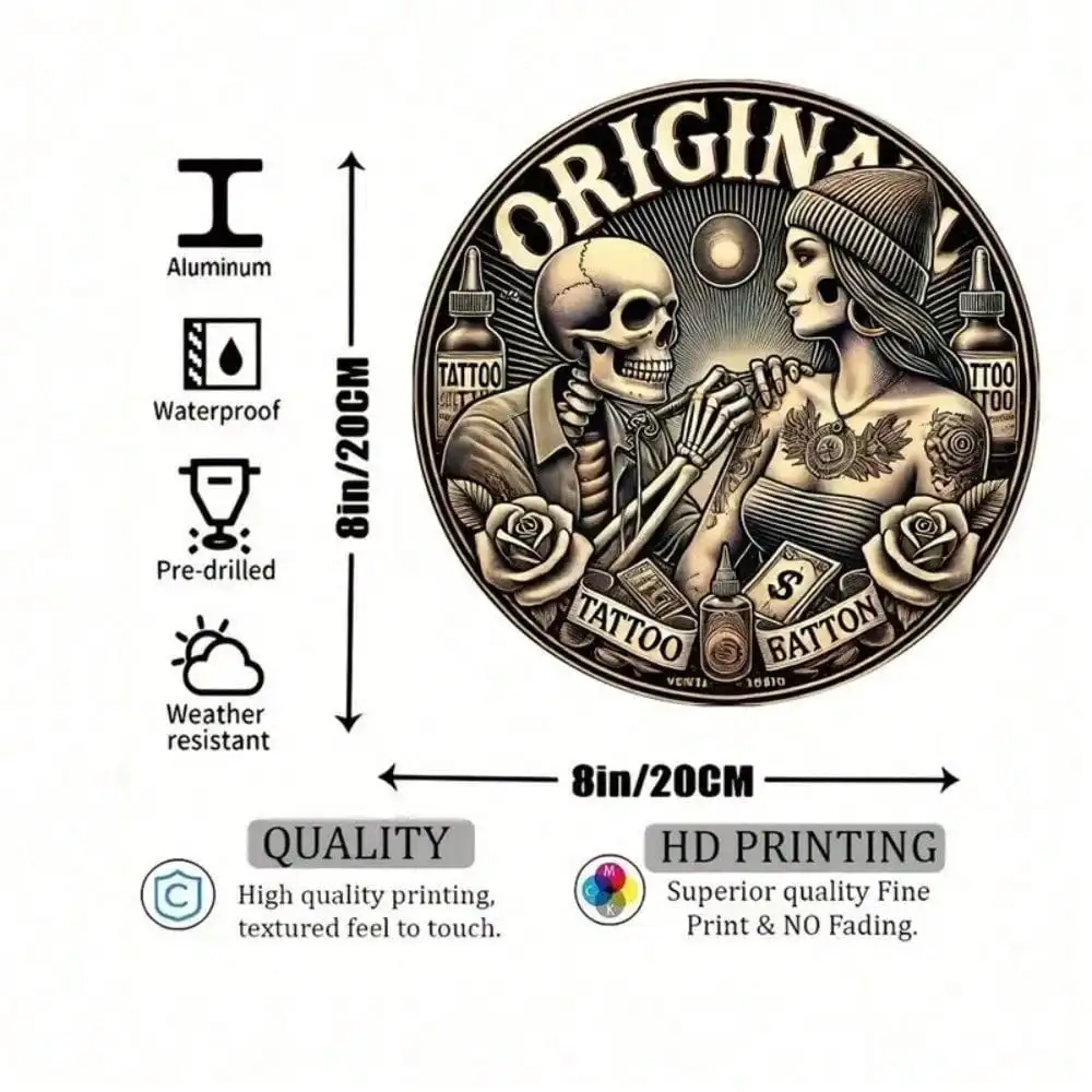 SakarRetro Round Aluminum Metal Sign Vintage Tattoo Studio Decor Weatherproof for Home Garage Bar Wall