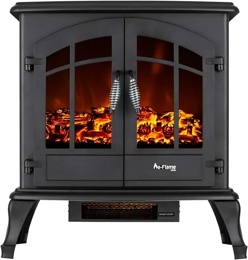 E-Flame-Freestanding  Fireplace, Stove Heater, Realistic 3-D Log, Fire Effect, Black, USA Jasper