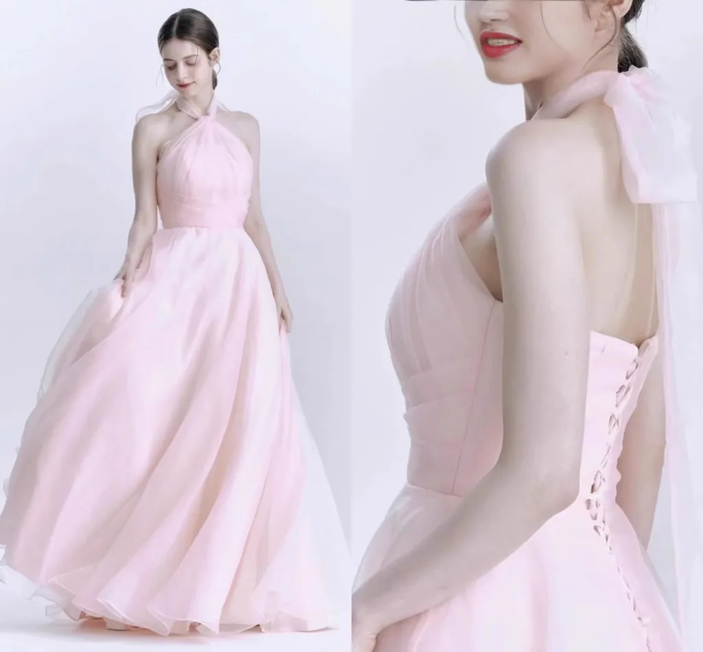 

2025 Elegant Pink Formal Evening Dress Halter Pleats Backless A-line Long Tulle Prom Pageant Party Gowns Robe De Soiree