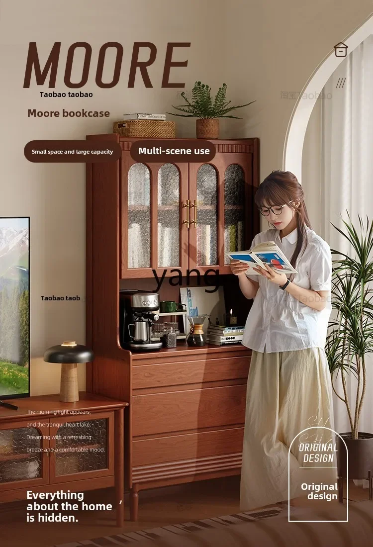 XYY retro solid wood bookcase floor-to-ceiling glass door display cabinet living room study storage cabinet