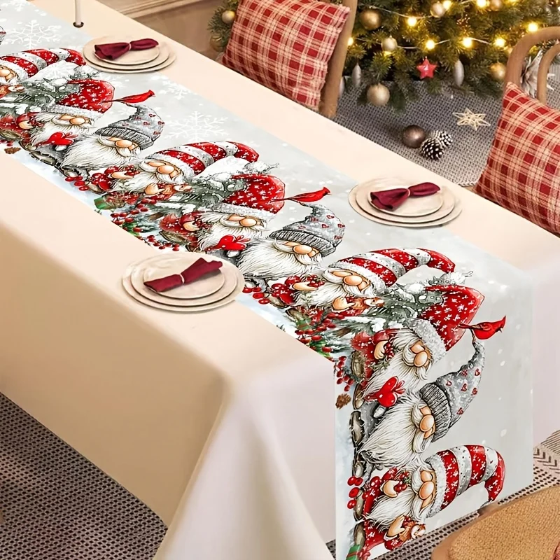 VIKAMA Christmas Table Runner Gnome Tomte Red Hat Pine Berry Decorative Washable Polyester Kitchen Dining Xmas Holiday