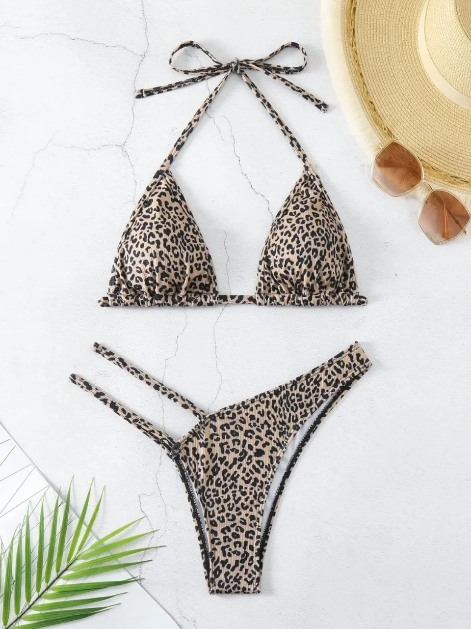 Women's Leopard Print Halter Bikini Set - Tie Neck Triangle Top & High Cut Crisscross Thong Bottom, Sexy Beach Summer Vacation