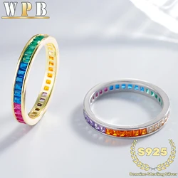 S925 Sterling Silver Rainbow Zircon Ring for Women Full Pave Multicolor Gradient Valentine Anniversary Gift Everyday Party Wear