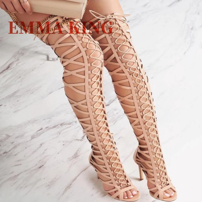 2025 عبر تعادل فوق الركبة صنادل طراز جلاديتور طويلة للنساء أحذية الصيف المفتوحة تو انقطاع مثير عالية الكعب أحذية صناديل للنساء