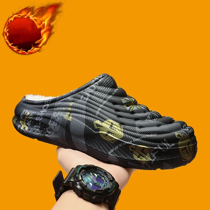 Men's Large Size Cold-Proof Half-Slip Cotton Slippers, Trendy Printed Waterproof Upper, Thick Plush for Warmth, Suitable for Bot