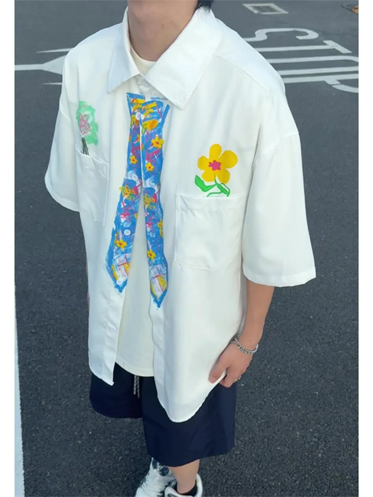 Doodle Printed Loose Fit Lightweight Short Sleeve Shirt Youth Casual Style Summer Fashion Outerwear for Men