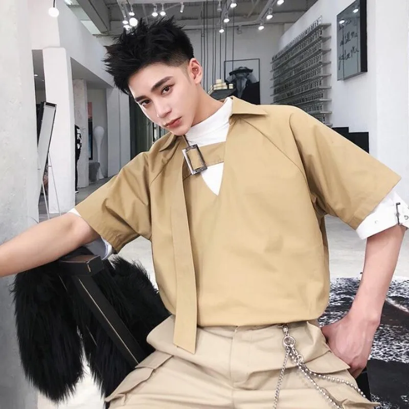 New Summer Short Sleeve Shirt Male Korean Trend Personality Casual Ribbon Fashion Loose Shirts Hip Hop Men High Quality Clothes