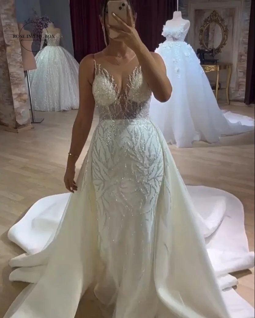 Luxus Meerjungfrau Hochzeit Kleider Für Frauen 2023 Sheer Neck Perlen Spitze Brautkleider Mit Abnehmbaren Zug Robe De Mariage