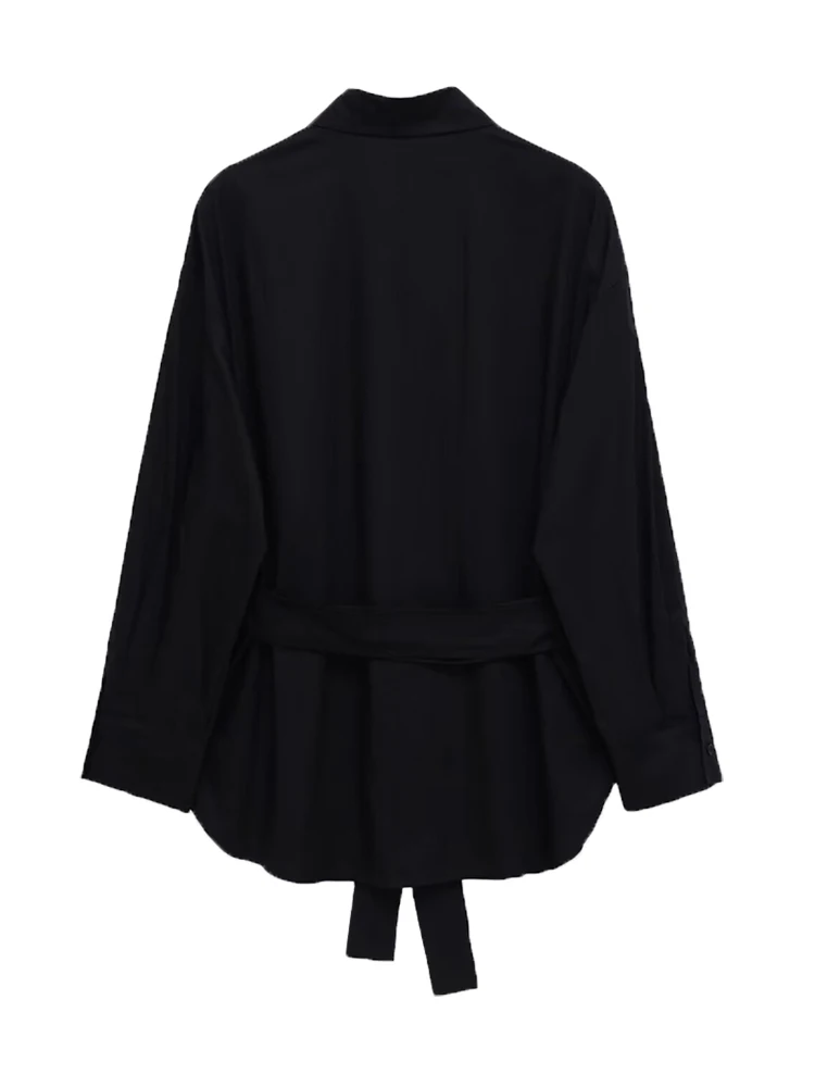 Moda damska z paskiem Luźne koszule z długim rękawem Zapinane na guziki Bluzki damskie Eleganckie topy