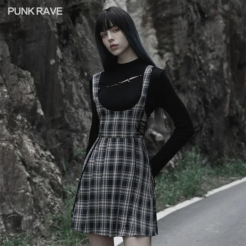 PUNK RAVE Women's Punk Daily High Waist Pleated Strap Dress Gothic Hanging Clock Hard Core Sexy Playful Plaid Mini Dresses