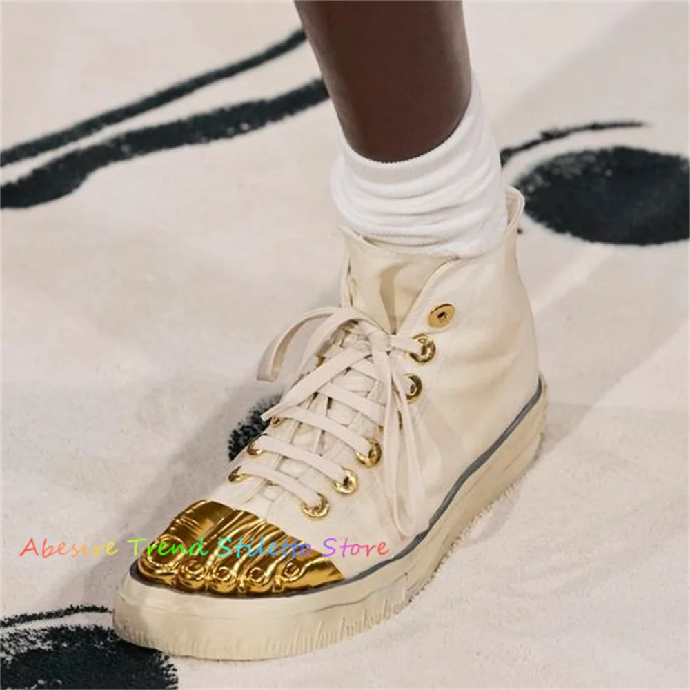 

Gold Five Fingers Canvas Sneakers Cross Tie High Top Lace Up New Trendy Comfort Banquet Runway 2024 Newest Women Shoes