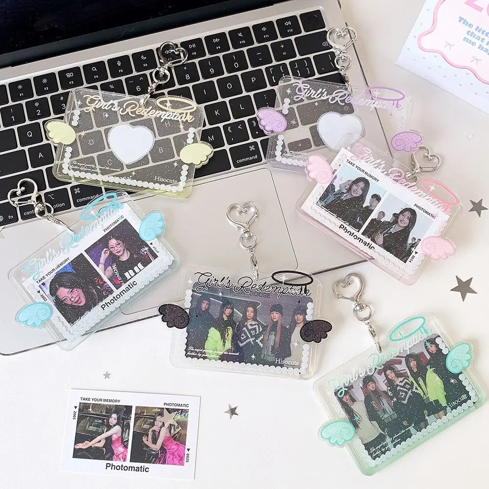 

Cute Acrylic Photo Card Holder 3-inch with Keychain Kpop Card Sleeve Transparent Angel Wings Idol Card Cover Students & Fans