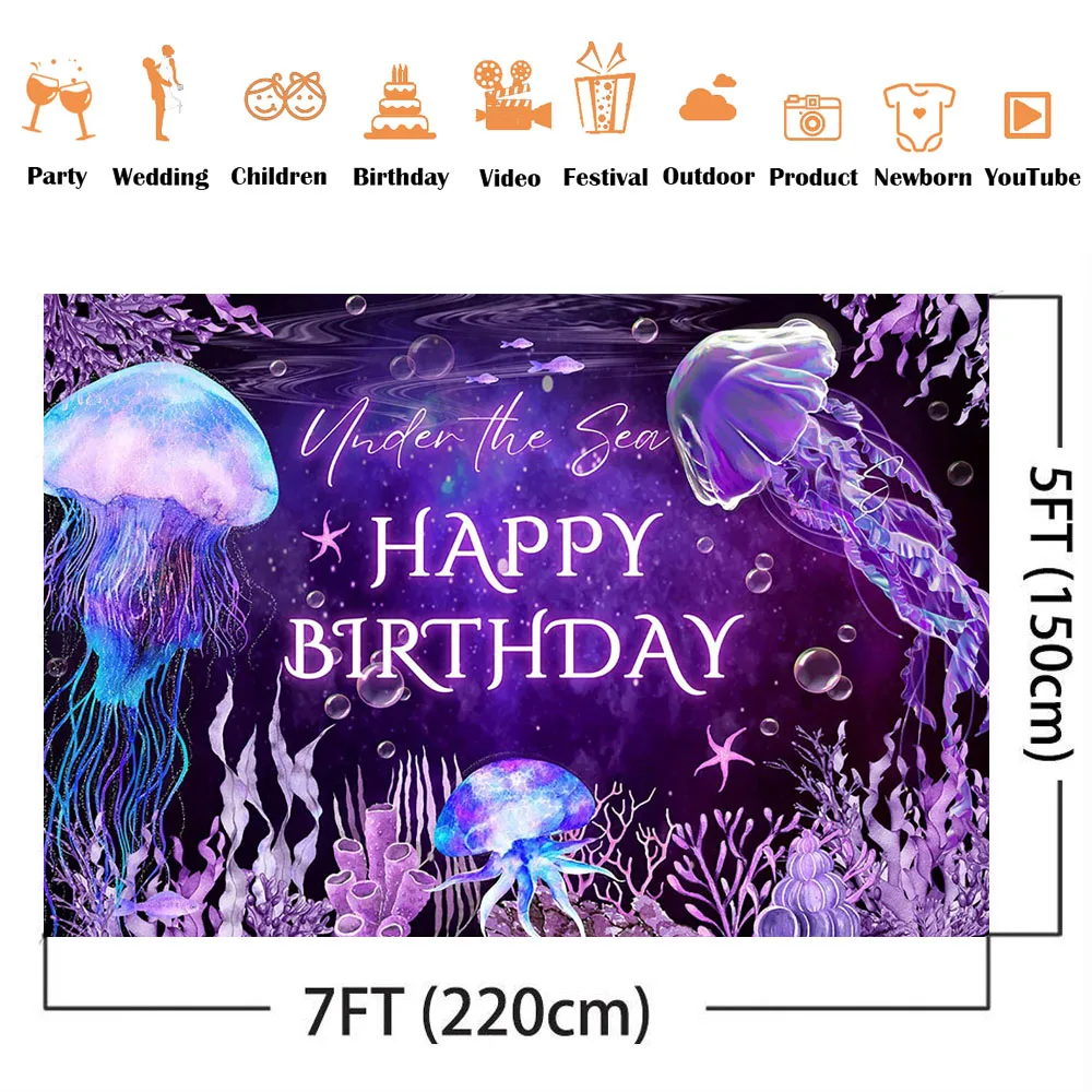 Purple Jellyfish Birthday Background Under the Sea Photography Backdrop Newborn Kids Mermaid Photo Booth Backdrops Photocall