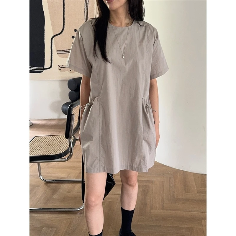 Zomer Nieuwe Dames Losse Ort Sve Dr Dstring Grote Ket Retro Overlap Pure Kleur Ort Rok Woon-werk Sle