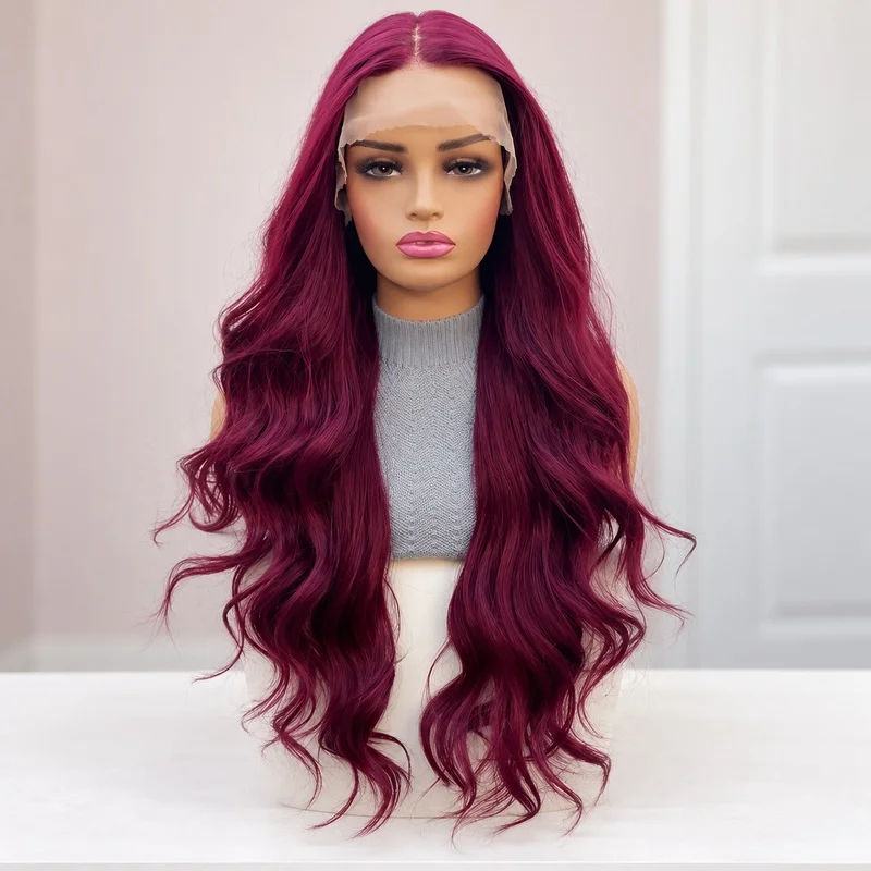 13x6 Lace Front Wig Burgundy Long Body Wave Heat Resistant Synthetic Hair Free Parting Natural Hairline Daily Wear Women