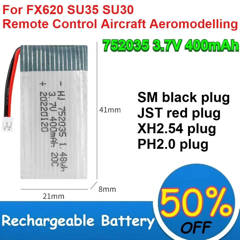 

2 Pcs-10 Pcs 752035 3.7V Lipo Battery 400mAh for FX620 SU35 SU30 Remote Control Aircraft Aeromodelling Batteries Rechargeable