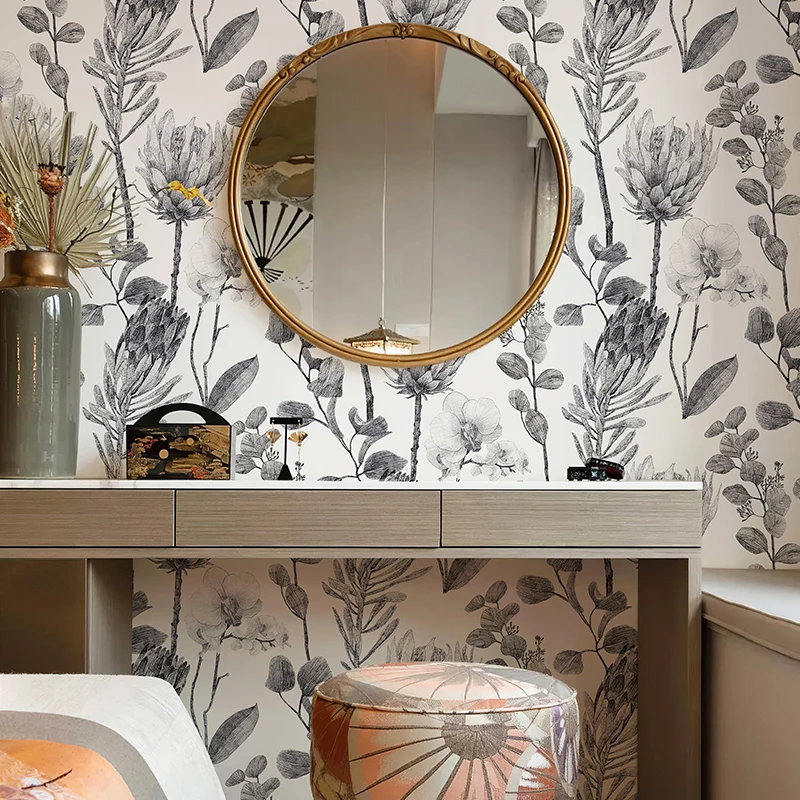 Peel And Stick Grey Floral Wallpaper Retro Leaf PVC Home Decor TV Background Wall Self-adhesive Flower Vinyl Cabinet Sticker