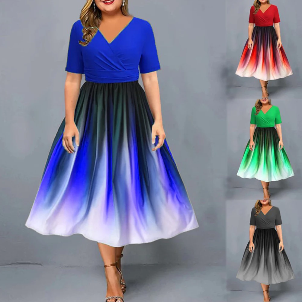 Plus Size Dresses for Women 2023 Casual V Neck Short Sleeve High Waist Slim Midi Dress Female Summer Elegant Party Vestidos