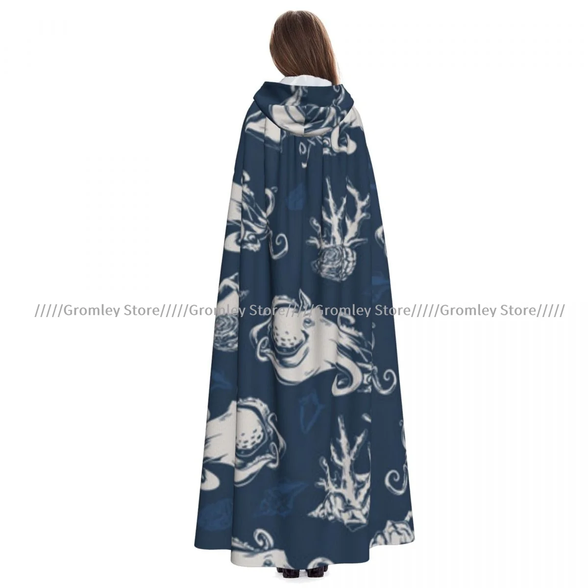 Sea Octopus Pattern Witch Cloak Hooded Cosplay Costume Halloween Adult Long Party Cape