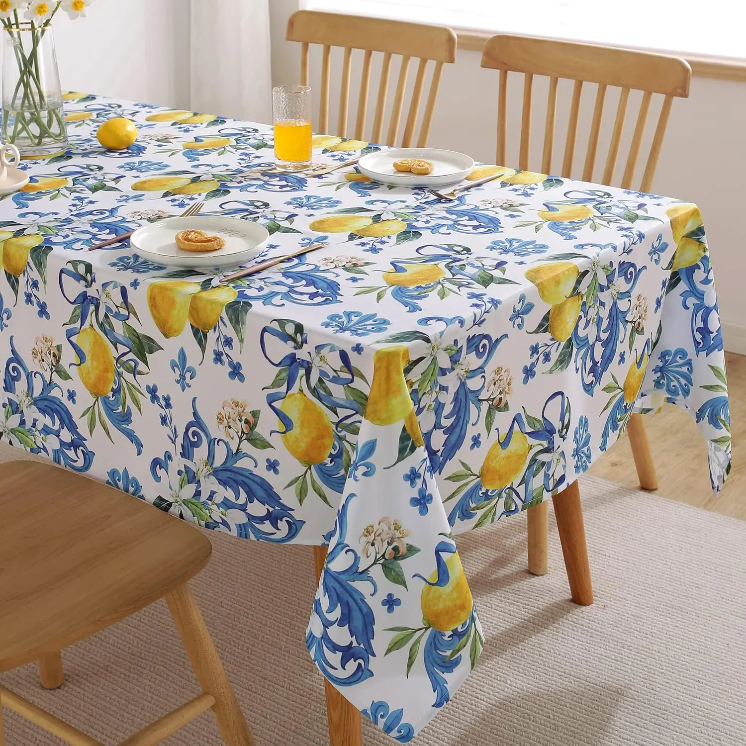 Summer Lemon Flower Rectangle Waterproof Tablecloth Party Decor Washable Farmhouse Kitchen Dining Tablecloth Wedding Decorations
