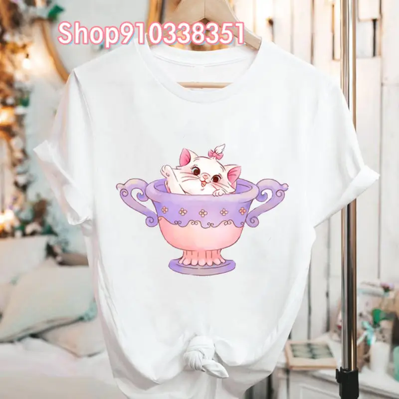 Japon Yaz Aristocats Marie Kedi Kawaii Elbise Beyaz Kısa Kollu Grafik T Shirt Tiki Tarzı Kadın Büyük Boy T Shirt